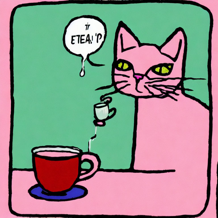 Pink cartoon cat with speech bubble "π TEA?" gazes at steaming cup