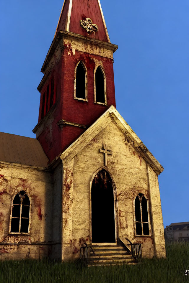 Weathered old church with red steeple and distressed white walls in green grass landscape