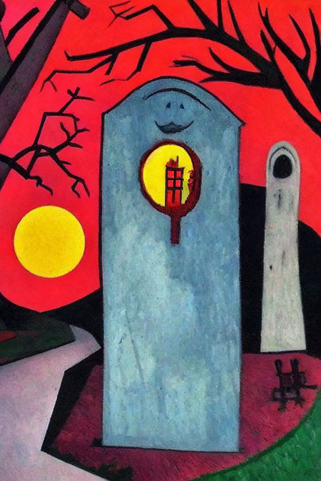 Colorful painting of smiling tombstone, red tree, pink sky, yellow moon, and surreal white