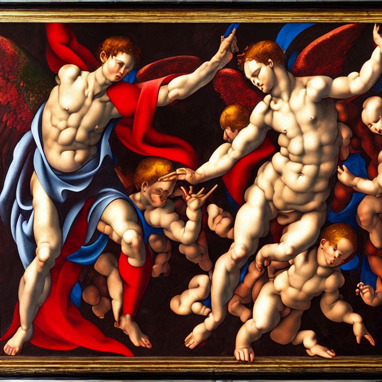 Renaissance painting with cherubic and muscular figures in red and blue setting