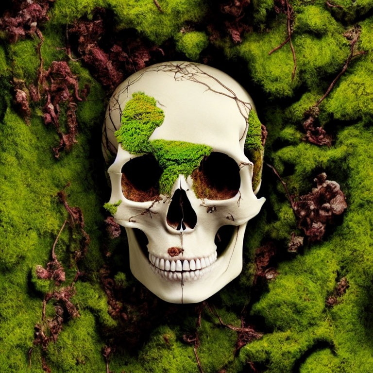 Green Moss Covered Human Skull Surrounded by Lush Plants