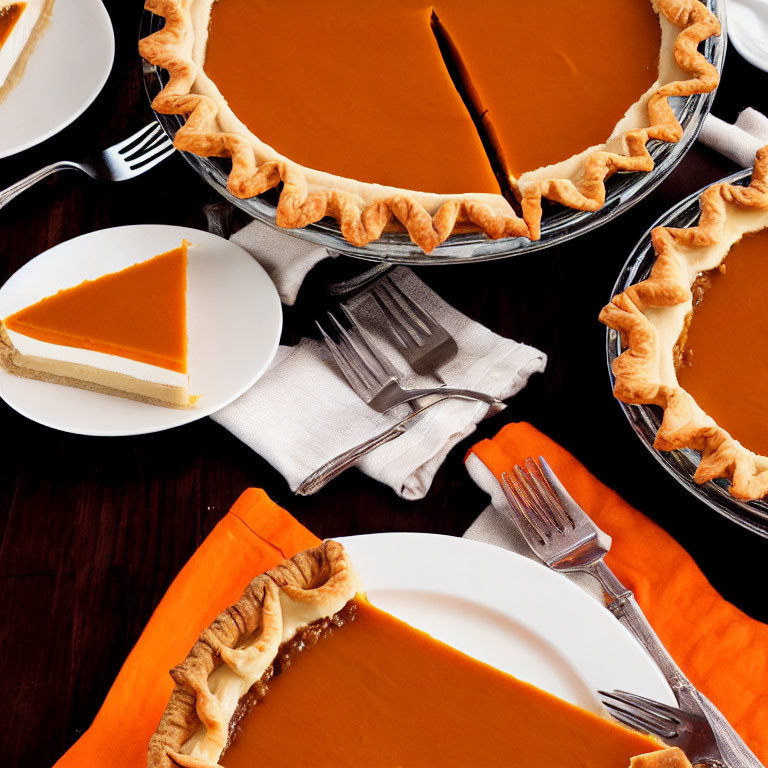 Three Pumpkin Pies Sliced on Plates with Forks on Dark Wood Table