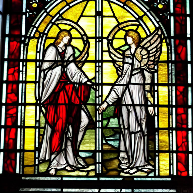 Vibrant stained glass window with robed figures, one haloed and one winged