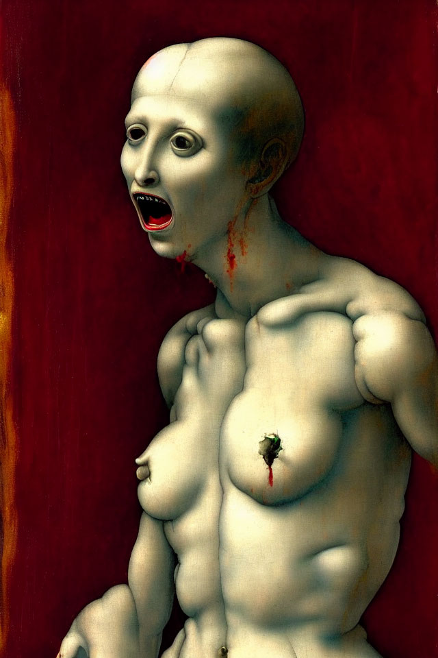 Exaggerated expression on surreal figure with heart-shaped wound on red background