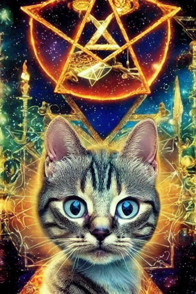 Surreal digital artwork: cat with blue eyes in cosmic scene