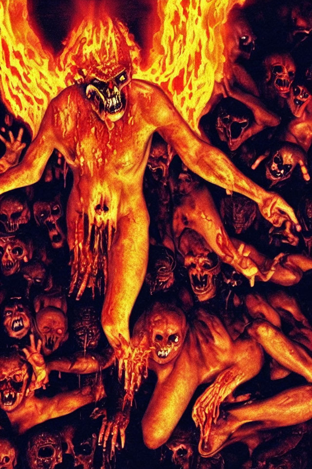 Intense fiery scene with dominant demonic figure and agonized faces in flames