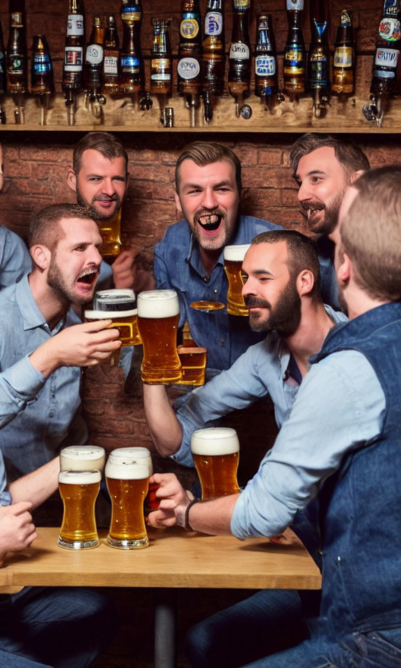 Group of men laughing and toasting with beer glasses at a bar