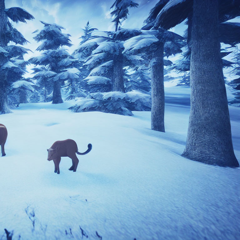 Winter scene with pine trees and two cougars in the snow