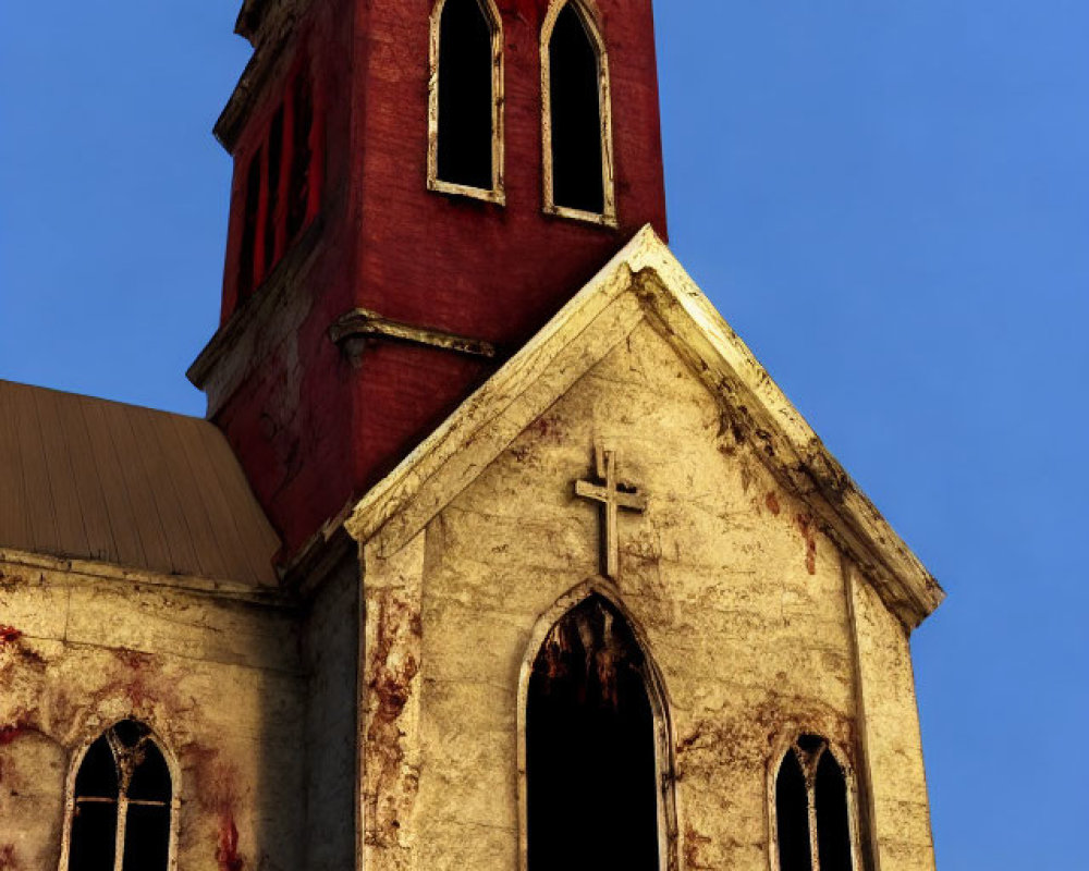 Weathered old church with red steeple and distressed white walls in green grass landscape