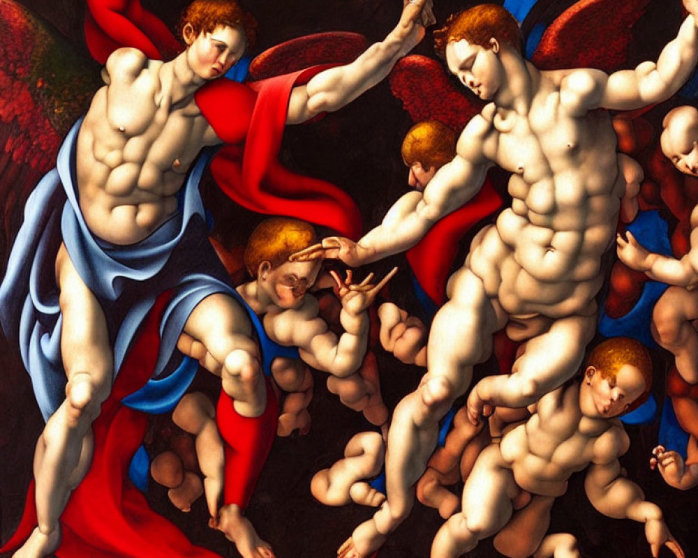 Renaissance painting with cherubic and muscular figures in red and blue setting