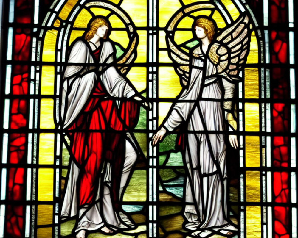 Vibrant stained glass window with robed figures, one haloed and one winged