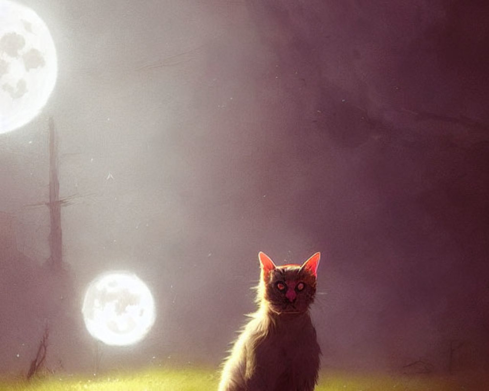 Fluffy Cat Under Eerie Two-Moon Night Sky