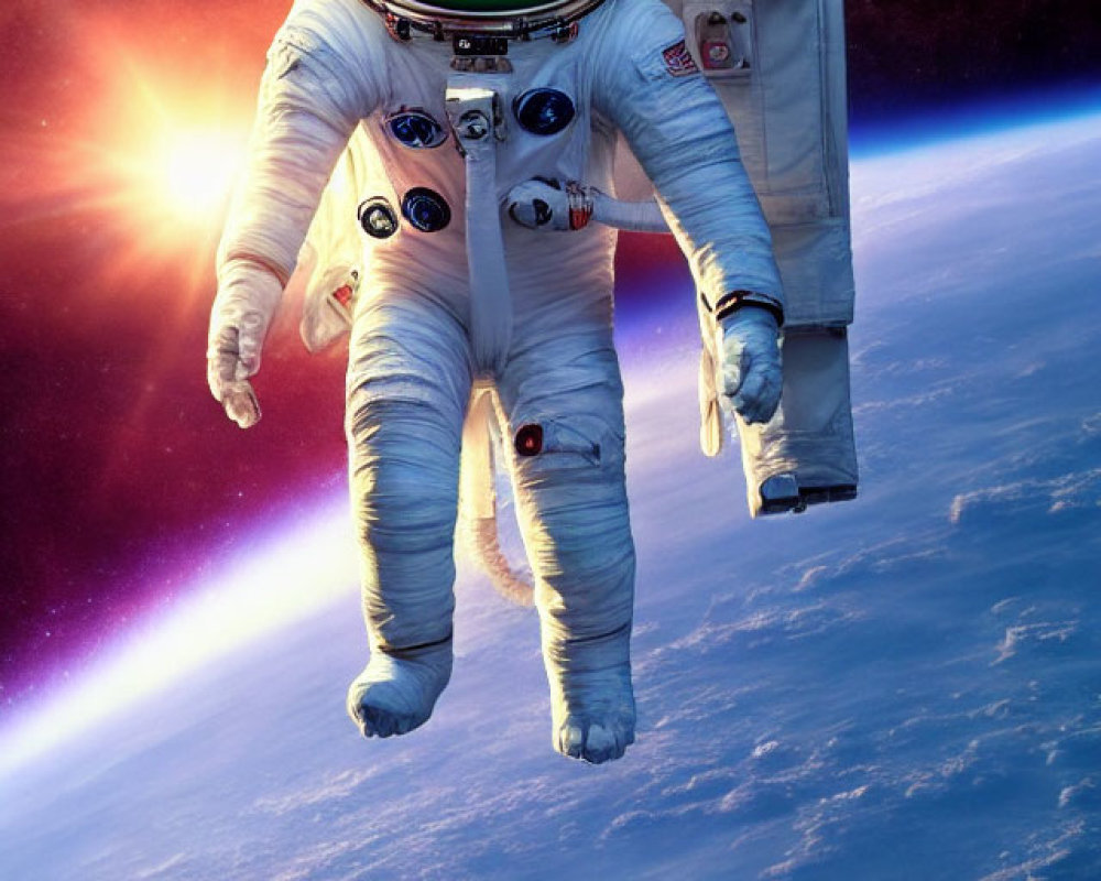 Astronaut in white space suit with Earth background and green cartoonish head