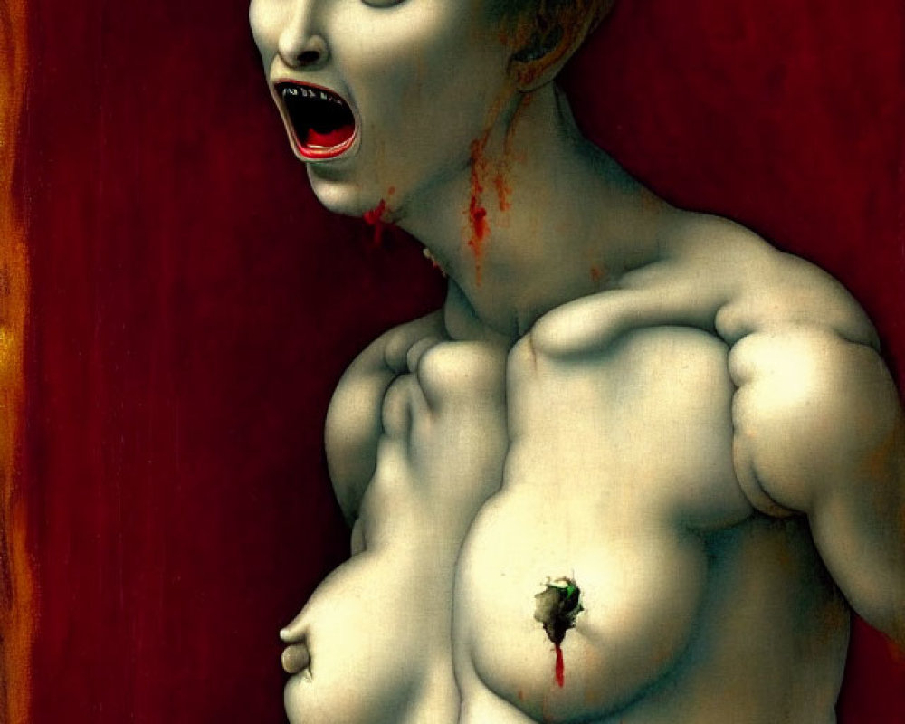 Exaggerated expression on surreal figure with heart-shaped wound on red background