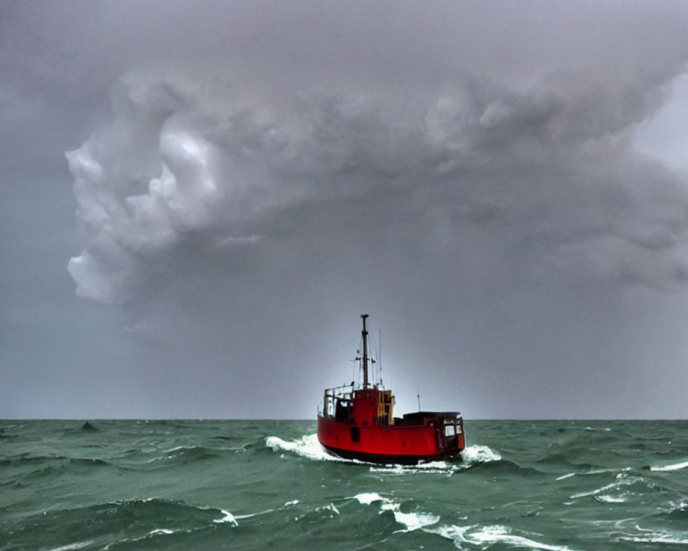 Red Boat in Stormy Seas with Ominous Sky