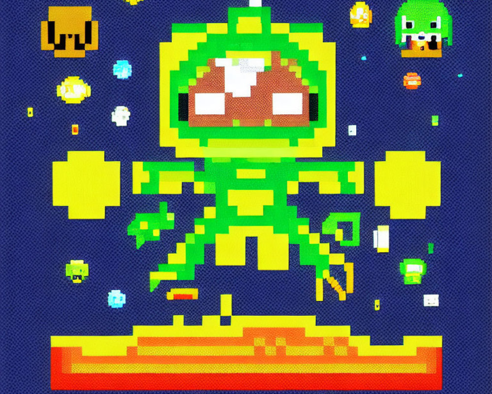 Green alien pixel art in space with saucers and stars