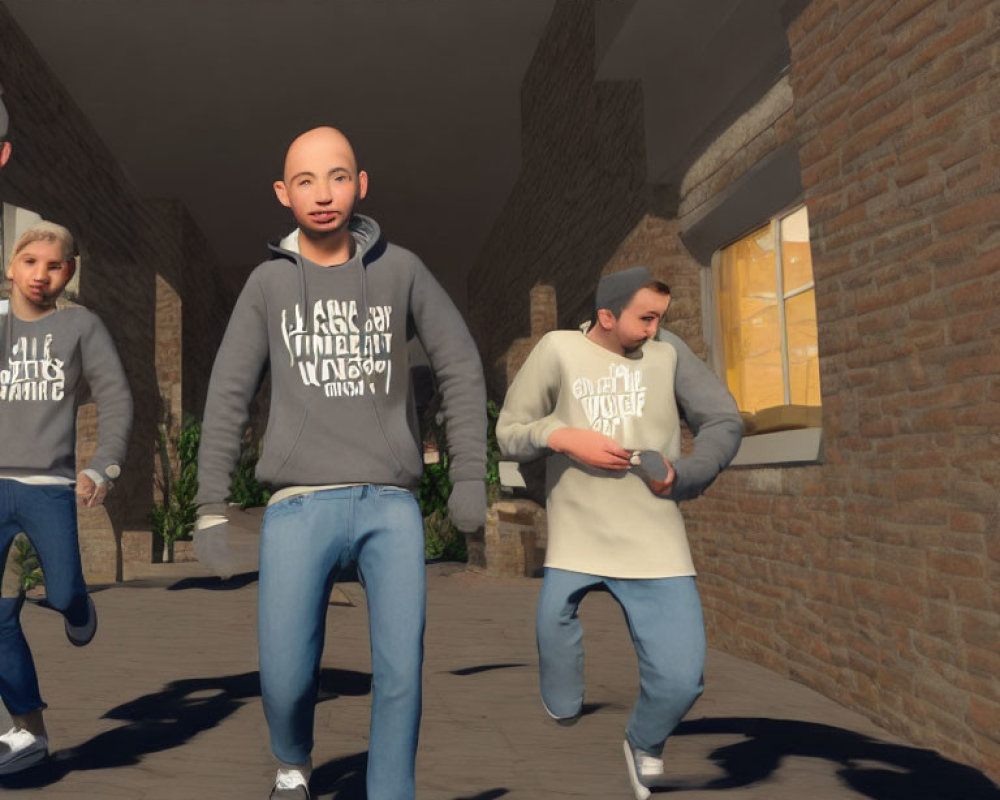 Three male animated characters in hoodies and jeans running on cobblestone path