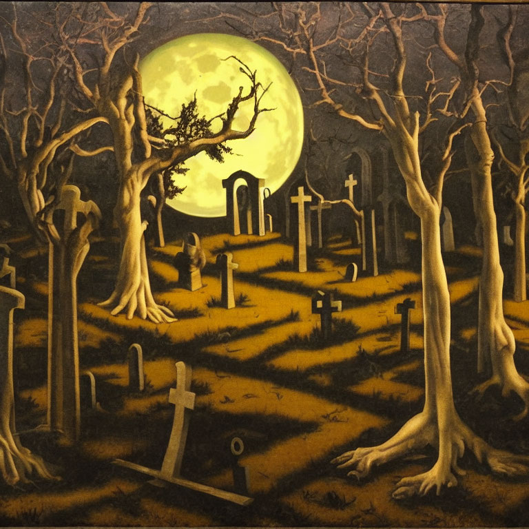 Moonlit graveyard with barren trees and crosses under full moon