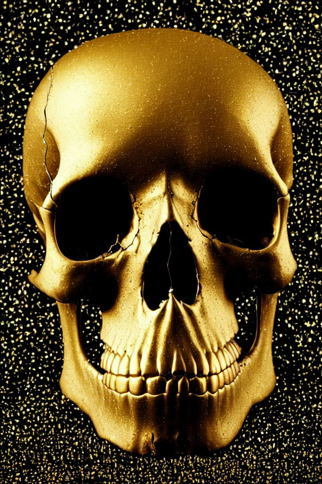 Golden Skull with Cracked Frontal Bone on Glittering Black Background