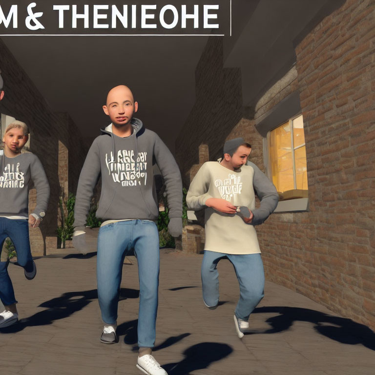 Three male animated characters in hoodies and jeans running on cobblestone path