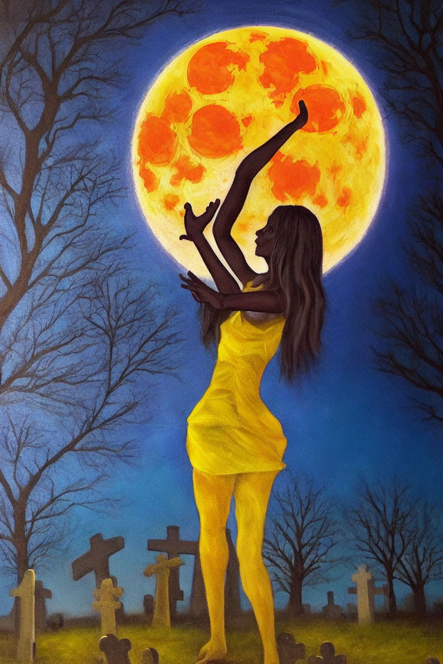 Woman in Yellow Dress Reaches for Orange Moon in Cemetery