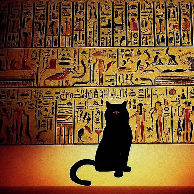 Black cat in front of ancient Egyptian hieroglyphs under golden light