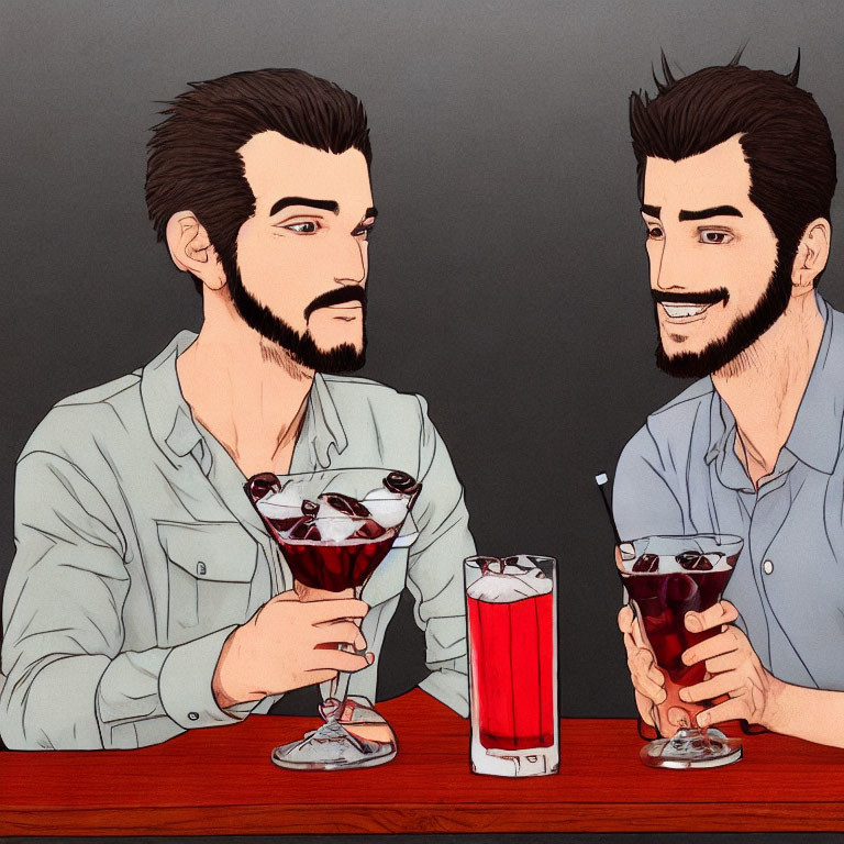 Two dark-haired, bearded men toasting red drinks against grey background