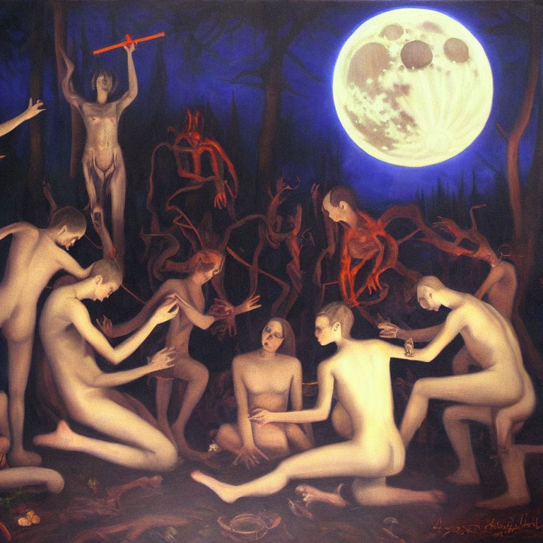 Surrealist nude figures under full moon with fantastical elements