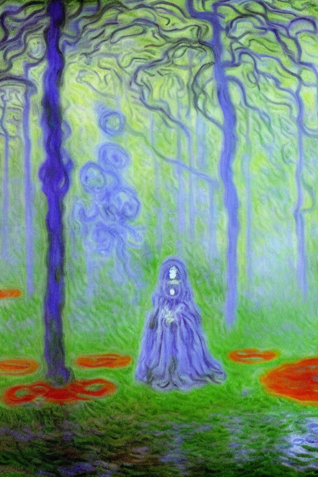 Mystical forest painting with cloaked figure and surreal elements