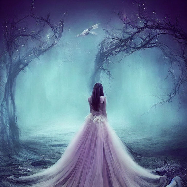 Woman in flowing gown gazes at white bird in mystical forest.