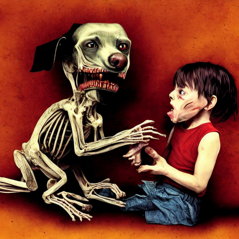 Surreal image of scared child and skeletal dog in tense confrontation