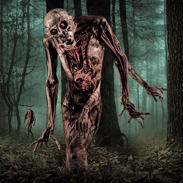 Skeletal creature with exposed muscles in gloomy forest