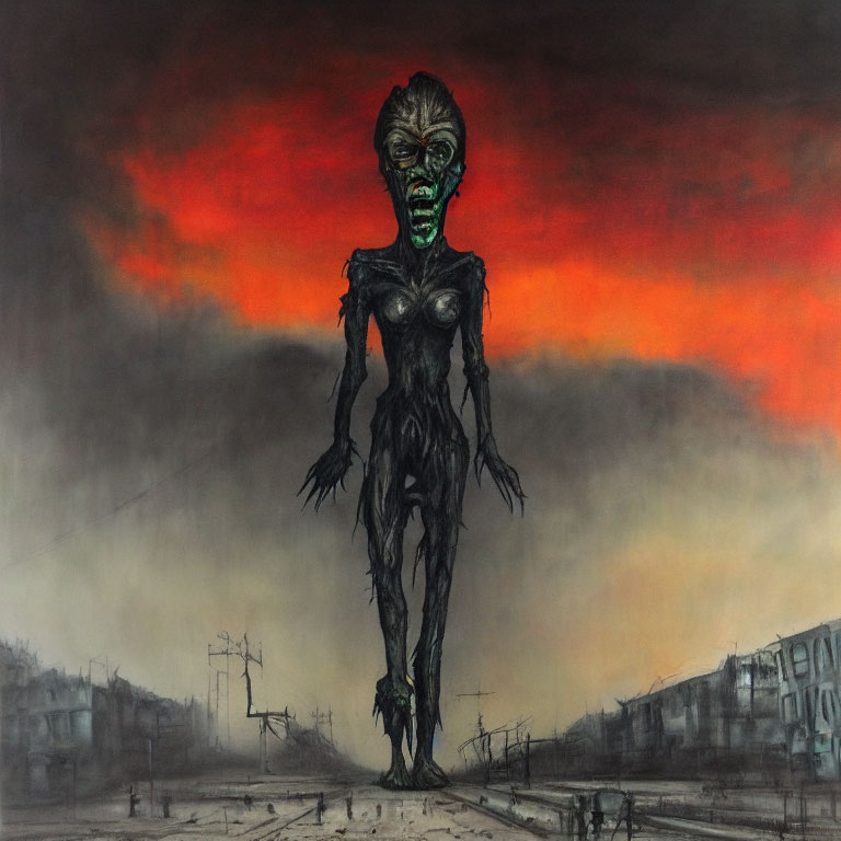 Green-skinned humanoid alien on desolate tracks under red sky