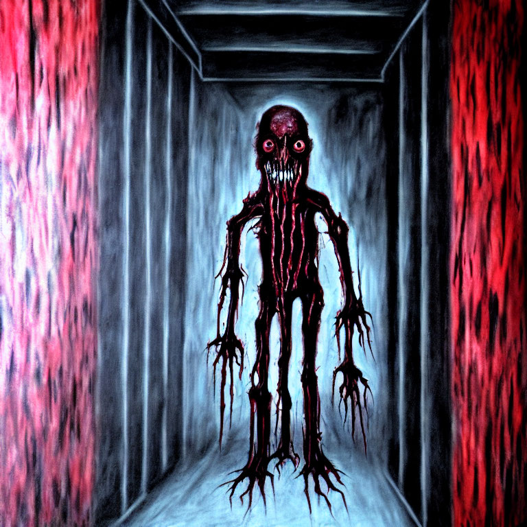 Eerie painting of skeletal creature in dim corridor