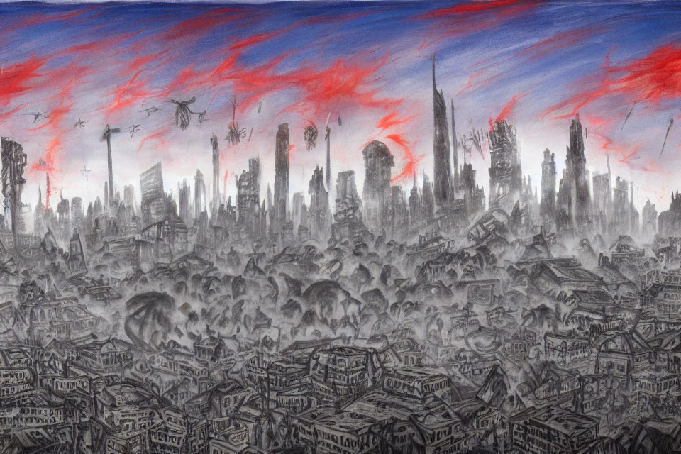 Destroyed cityscape under stormy red sky with flying objects