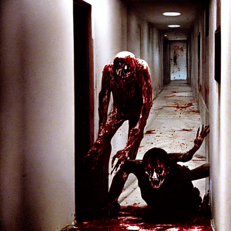 Blood-splattered corridor with two grotesque humanoid figures crawling.