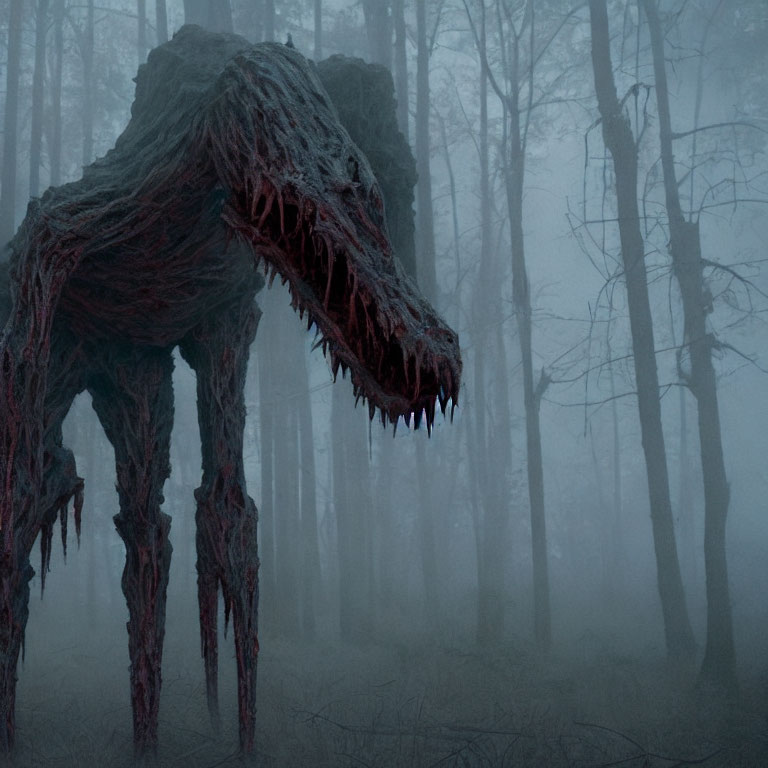 Menacing beast-like creature in foggy forest with sharp teeth and bloodied fibers