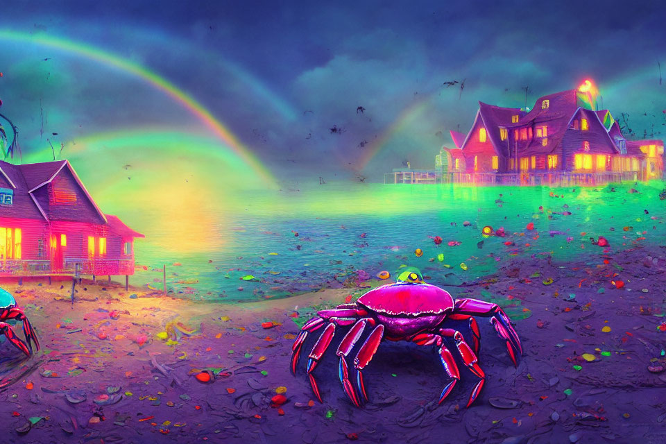 Colorful Digital Artwork: Neon Crab on Shore with Rainbow Sky and Lake Houses