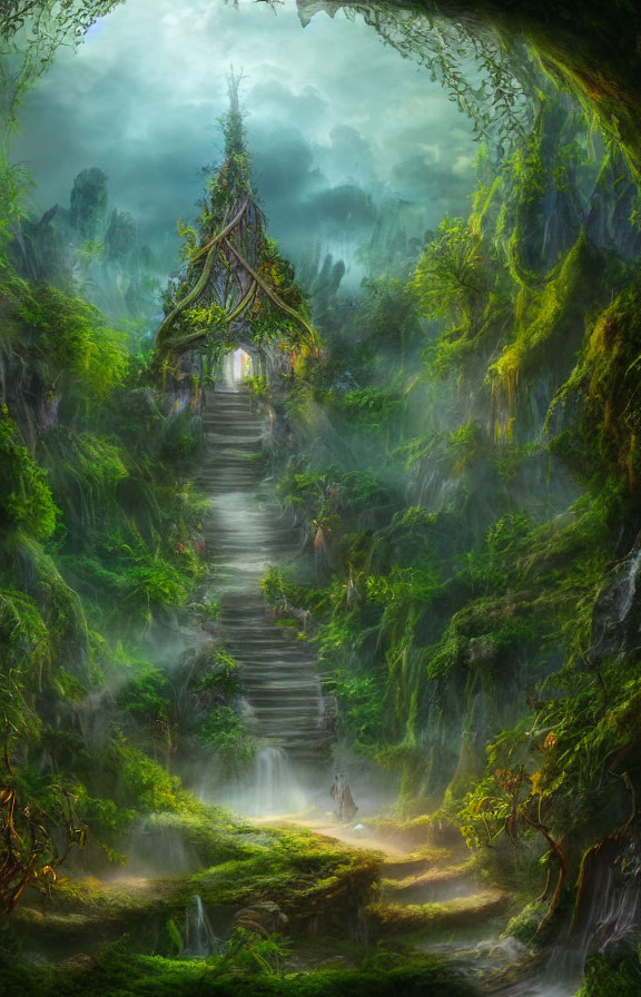 Enchanting forest scene: stone staircase to ornate treehouse amid sunlight and mist.