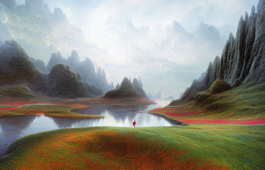 Tranquil landscape with person in red by reflective lake