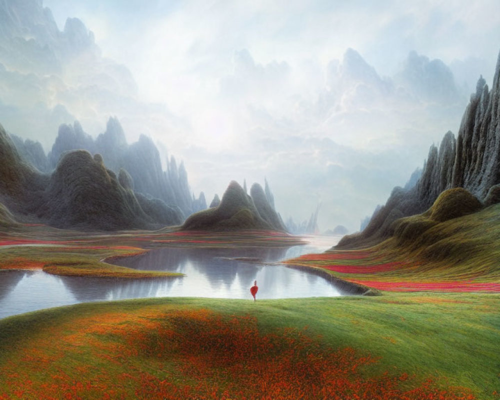 Tranquil landscape with person in red by reflective lake