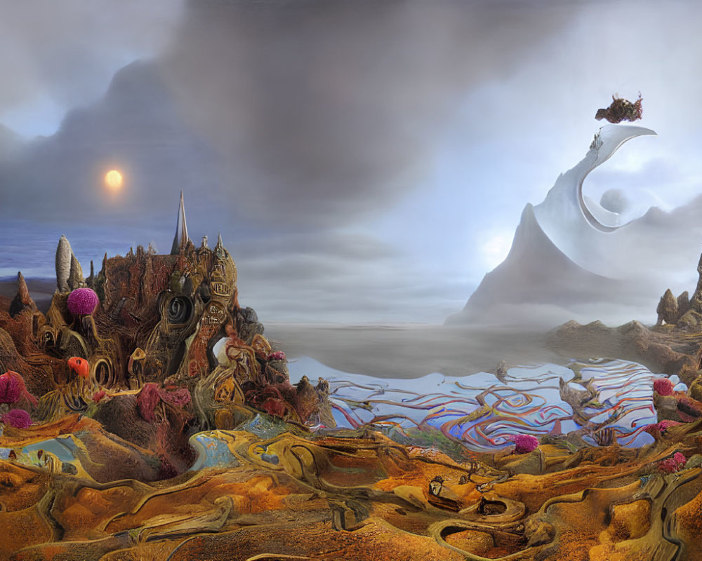 Surreal landscape with twisted peak, floating island, vibrant terrain, and castle-like structure under dual