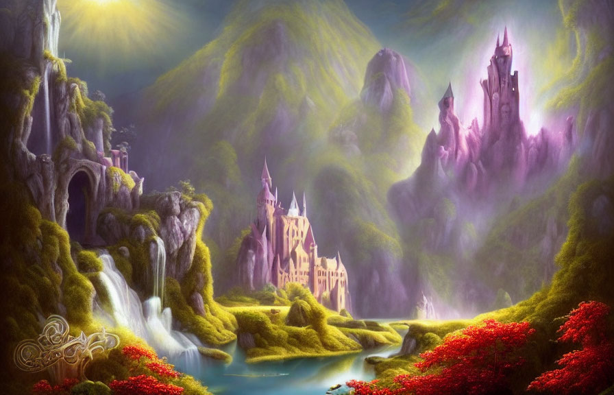 Enchanting landscape with castles, waterfalls, and vibrant flora