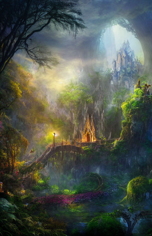 Mystical forest scene with vibrant greenery, tranquil pond, ornate bridge, and ethereal