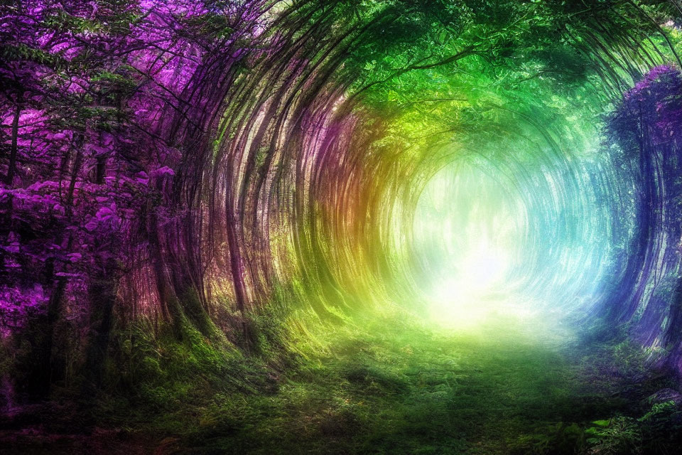 Colorful digital artwork: Magical forest scene with radiant colors and bright light at tunnel's end