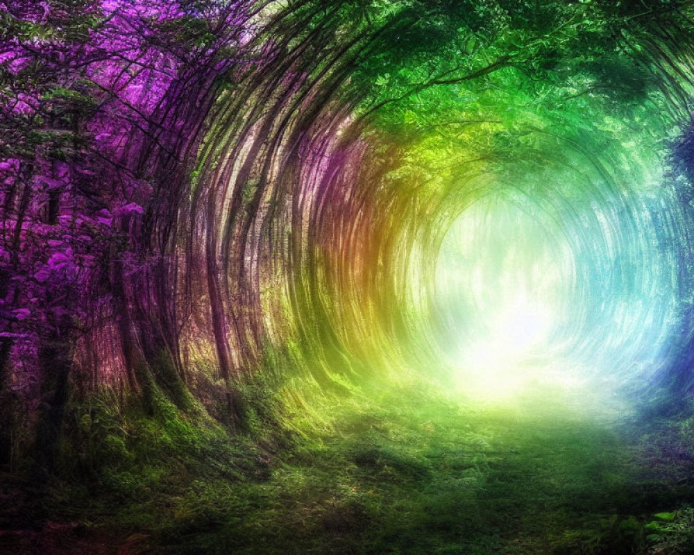 Colorful digital artwork: Magical forest scene with radiant colors and bright light at tunnel's end