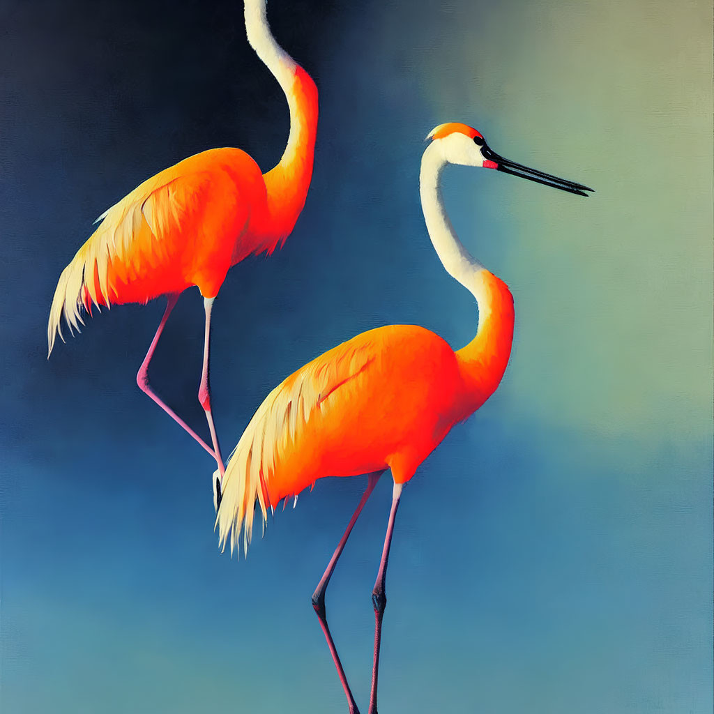 Vibrant orange flamingos on soft blue background