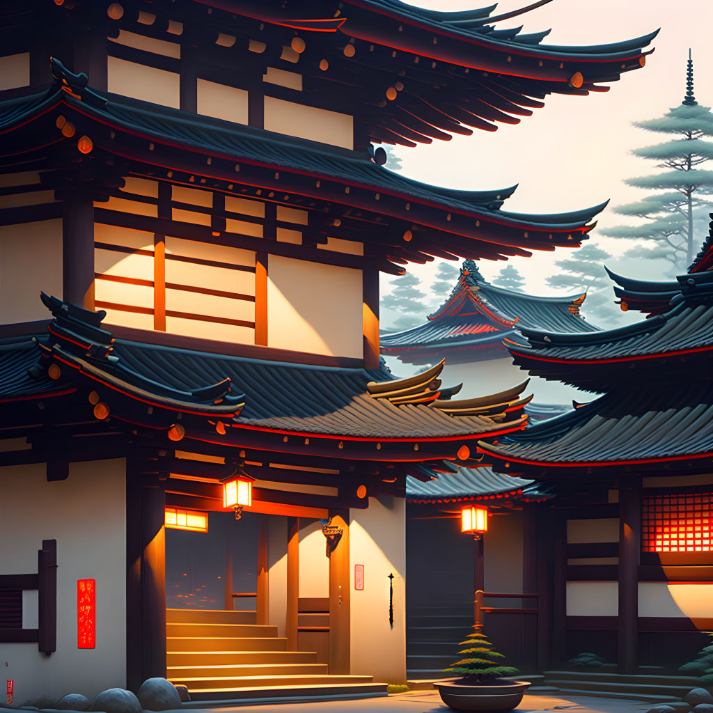 Traditional Asian Temple Illustration with Lanterns and Pine Trees at Twilight