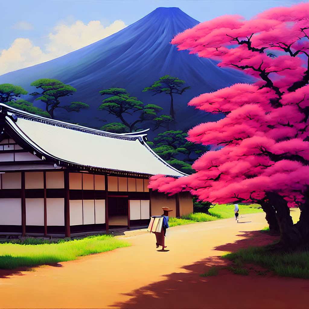 Traditional Japanese scene with person, building, blooming tree, Mount Fuji.