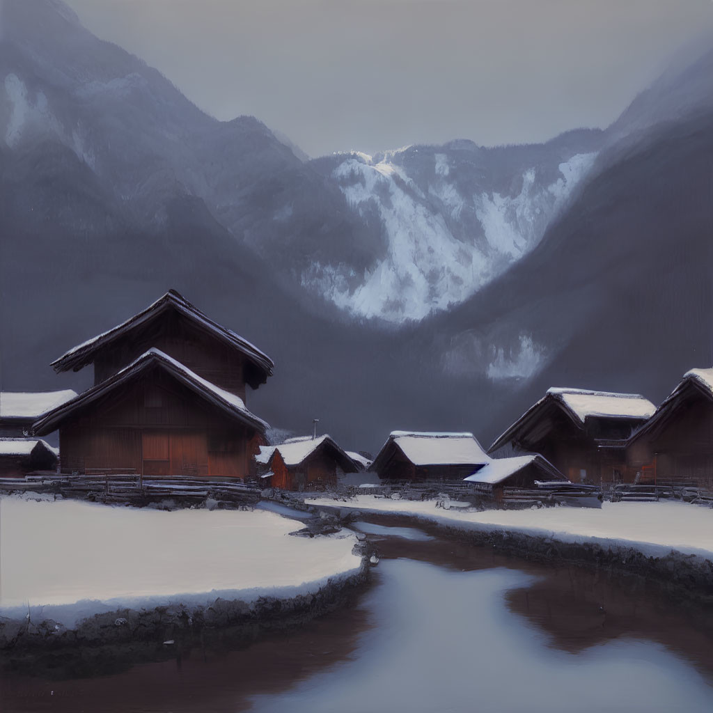 Snow-covered roofs on wooden houses by calm river with misty mountains.